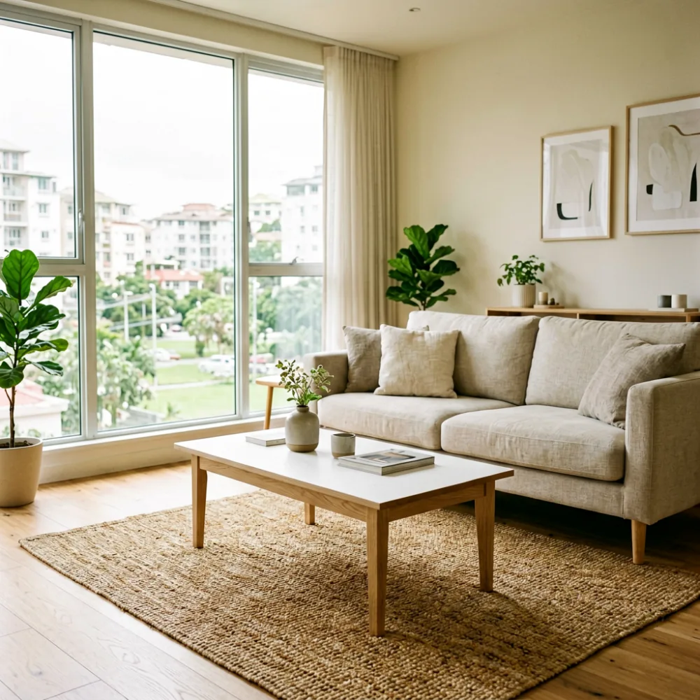 Scandinavian living room with white oak coffee table and neutral sofa in Singapore HDB flat