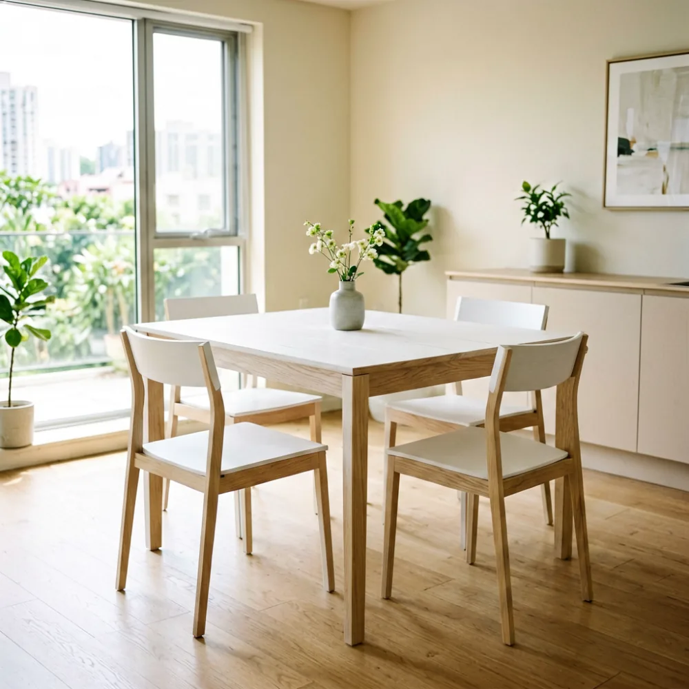 White oak dining table with minimalist chairs in bright Singapore HDB dining area