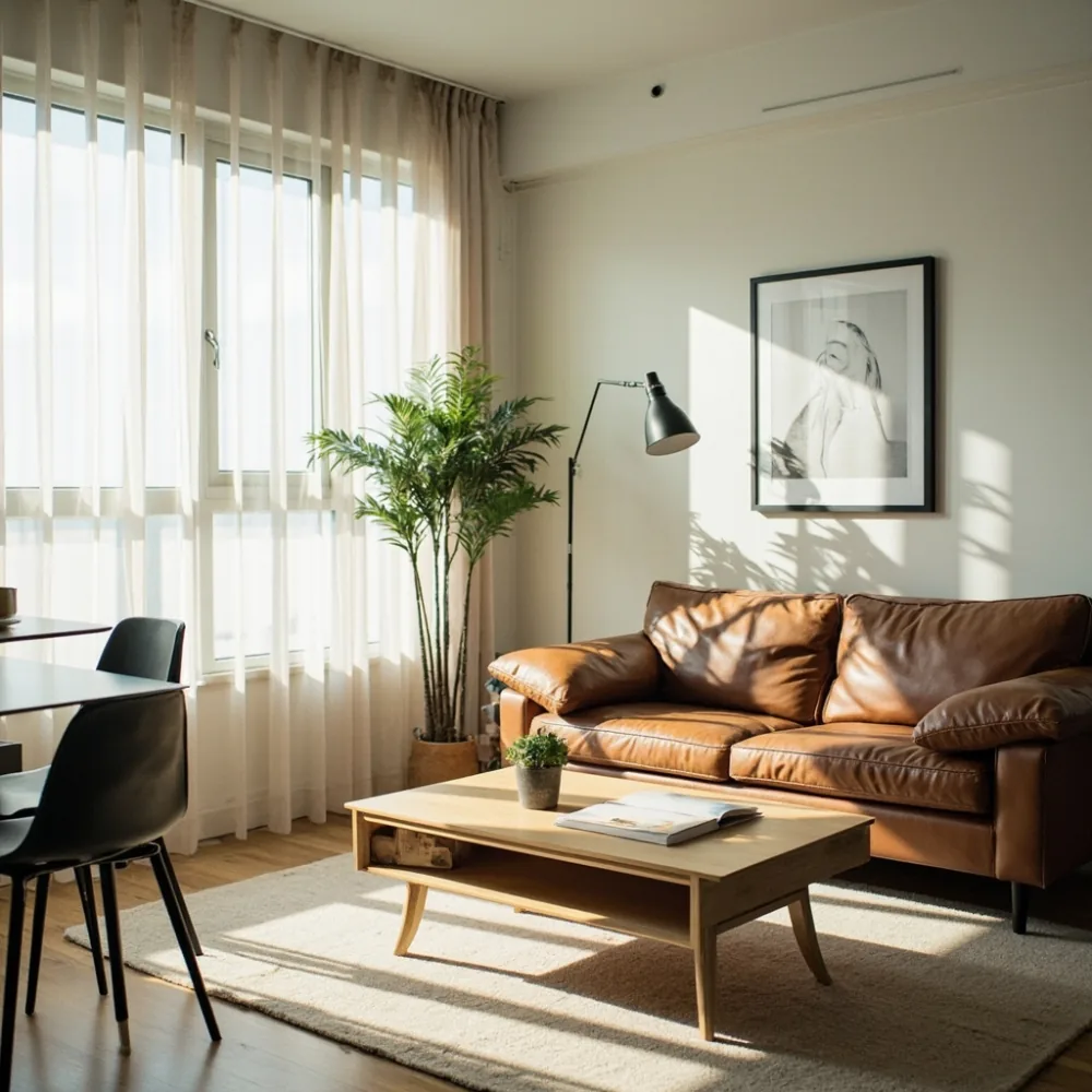 Scandinavian living room in Singapore HDB flat with light‑wood coffee table and leather sofa