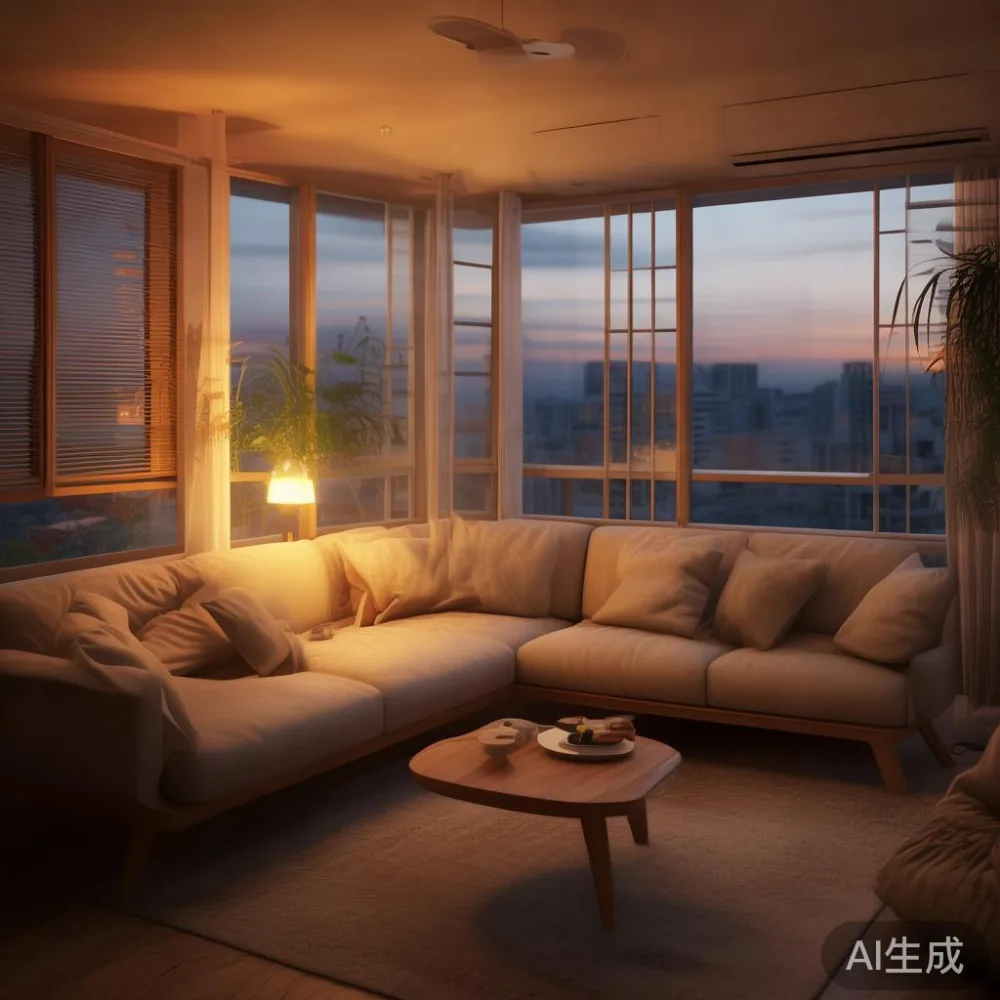Right-Sized Scandinavian Furniture for Singapore HDB Living Rooms: A P — room setting at dusk with warm lamp light, film 