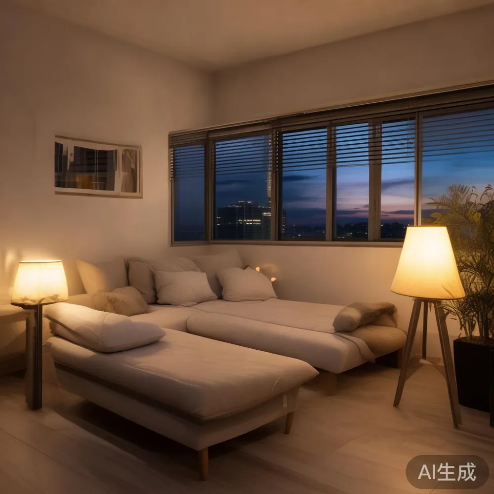 Singapore HDB Minimalist Furniture Matching Tips — room setting at dusk with warm lamp light, film 