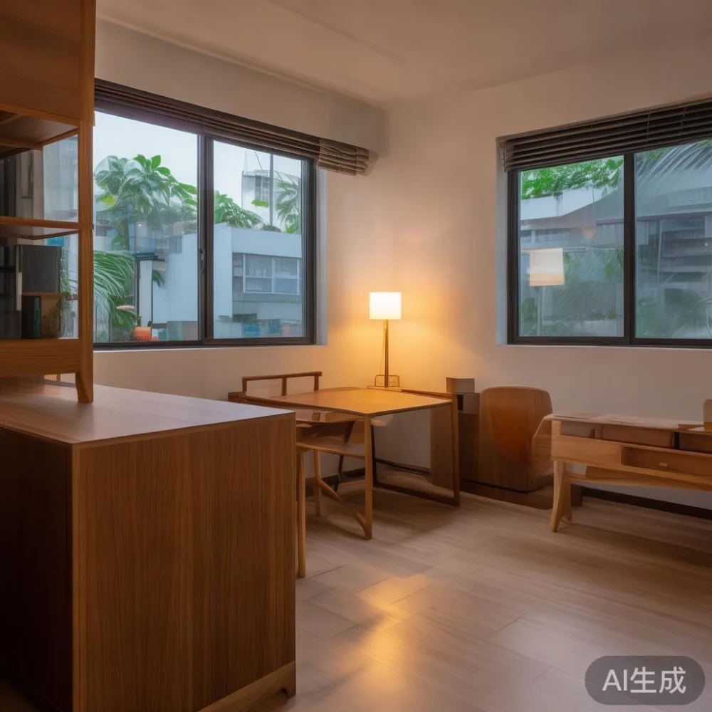 Singapore HDBs: 5-Year Cost Comparison - Veneer vs. Solid Wood — room setting at dusk with warm lamp light, film